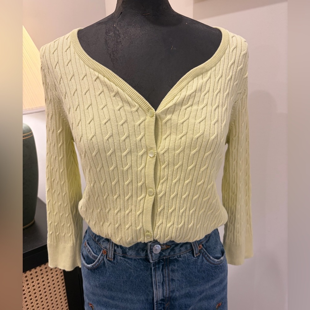 Talbots Y2K Preppy Twee Spring Green Cable Knit 100% Pima Cotton Cardigan Medium